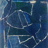 This is collage of paper in abstract composition of different kinds of blue with two greenish parts.