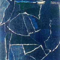 This is collage of paper in abstract composition of different kinds of blue with two greenish parts.