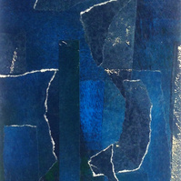 This is collage of paper in abstract composition in diffirent blue colors. 