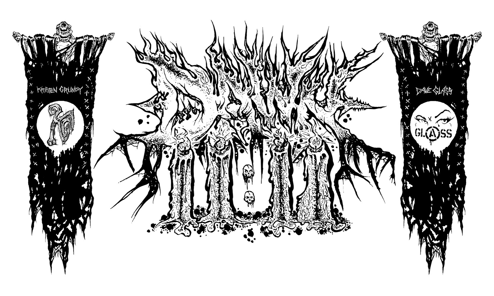 DAWN 11:11 Art Collective Banner dripping 11:11 candles dry rotted spinal cord and collar bone framed Kristen Grundy and Dave Glass hanging tapestries. Crust punk black metal hand drawn logo typography design by Dave Glass Art
