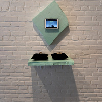 Works from Priscilla Stadler's SLUDGE, an art project created in response to researching Newtown Creek, a toxic waterway dividing Queens & Brooklyn, NYC. On wall: diagonal shape scrap of light green foam with video mounted on it; below, shelf with mussels