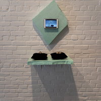 Works from Priscilla Stadler's SLUDGE, an art project created in response to researching Newtown Creek, a toxic waterway dividing Queens & Brooklyn, NYC. On wall: diagonal shape scrap of light green foam with video mounted on it; below, shelf with mussels