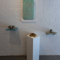4 works from Priscilla Stadler's SLUDGE art project about Newtown Creek, a toxic waterway dividing Queens & Brooklyn, NYC. Image shows grouping of pieces made with materials found at the Creek.
