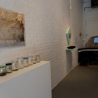 Works from Priscilla Stadler's SLUDGE project, an art installation created in response to research about the toxic waterway Newtown Creek, NYC. On the left, "Troubled Waters 11" on wall, "Samples" is jars of Creek water on pedestal.