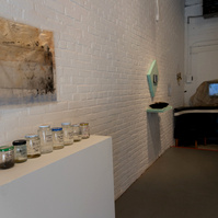 Works from Priscilla Stadler's SLUDGE project, an art installation created in response to research about the toxic waterway Newtown Creek, NYC. On the left, "Troubled Waters 11" on wall, "Samples" is jars of Creek water on pedestal.