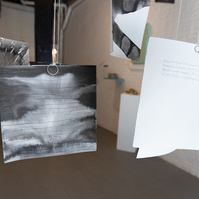 Works from Priscilla Stadler's SLUDGE project, an art installation created in response to research about Newtown Creek, a toxic waterway in NYC. Close view of "Readings" - 16 ink paintings responding to a book about the Chemical & Petroleum industries 