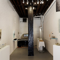 Installation view showing works from Priscilla Stadler's SLUDGE project, an art installation created in response to researching Newtown Creek, a toxic waterway dividing Queens & Brooklyn, NYC. 
