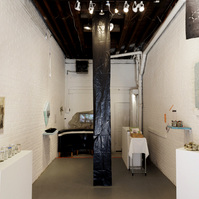 Installation view showing works from Priscilla Stadler's SLUDGE project, an art installation created in response to researching Newtown Creek, a toxic waterway dividing Queens & Brooklyn, NYC. 