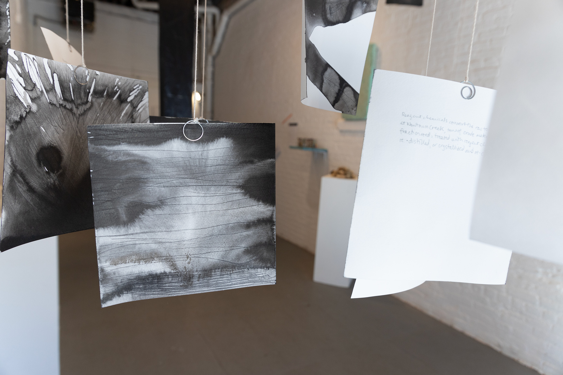 Works from Priscilla Stadler's SLUDGE project, an art installation created in response to research about Newtown Creek, a toxic waterway in NYC. Close view of "Readings" - 16 ink paintings responding to a book about the Chemical & Petroleum industries 