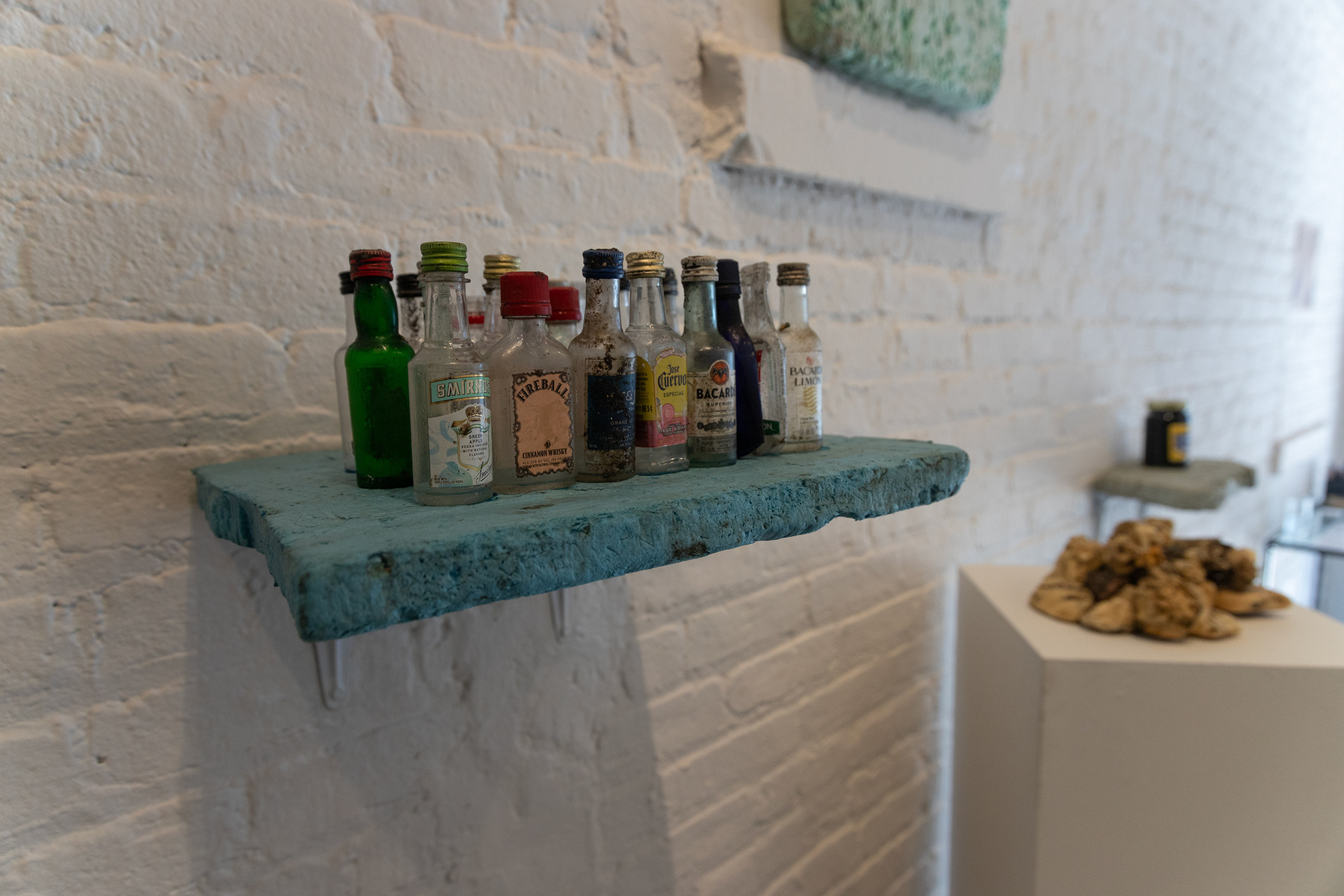 From Priscilla Stadler's SLUDGE art project about a toxic NYC waterway. Image shows used nips (mini liquor bottles) mounted on a weathered piece of light blue styrofoam, all found at the Creek.