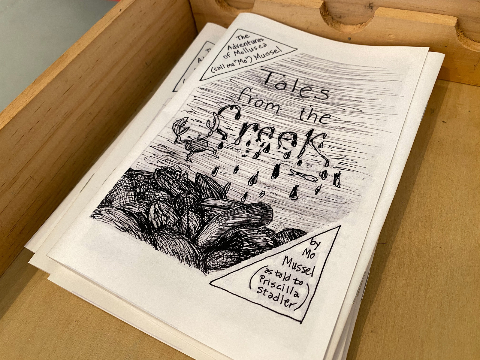Works from Priscilla Stadler's SLUDGE project researching toxic Newtown Creek, NYC. "Tales from the Creek: The Adventures of Mo Mussel" is a fun, educational zine Stadler created, copies of it are shown at the gallery.