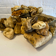 From Priscilla Stadler's SLUDGE art project about Newtown Creek, a toxic NYC waterway. Foreground: "Creek Stones", a pile of weathered pieces of styrofoam, insulation foam etc that look like stones but are not.