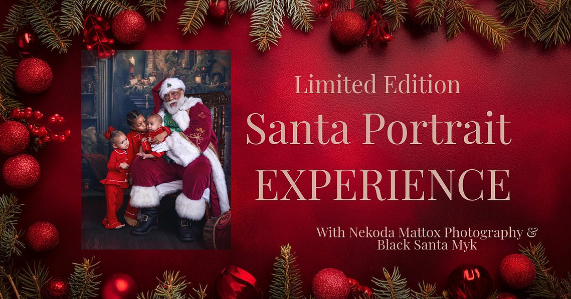Limited Edition Santa Portrait Experience with Nekoda Mattox Photography & Black Santa Myk - black Santa in a rocking chair with three mixed children, a five year old boy, three year old girl, and six month old baby boy all in matching red pajamas