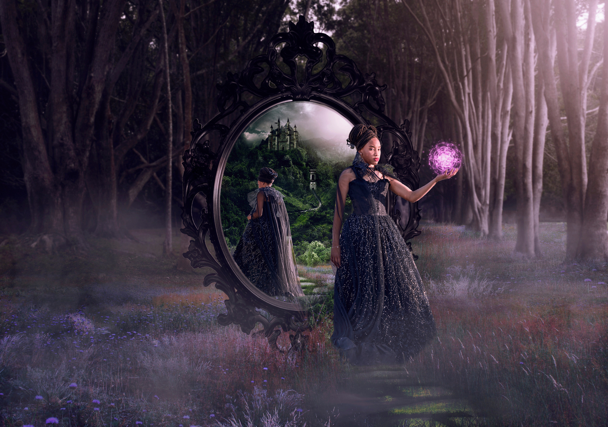 Black girl in a black sparkling gown standing in a forest holding a magical purple orb in front of a mirror, with her reflection walking away toward a castle