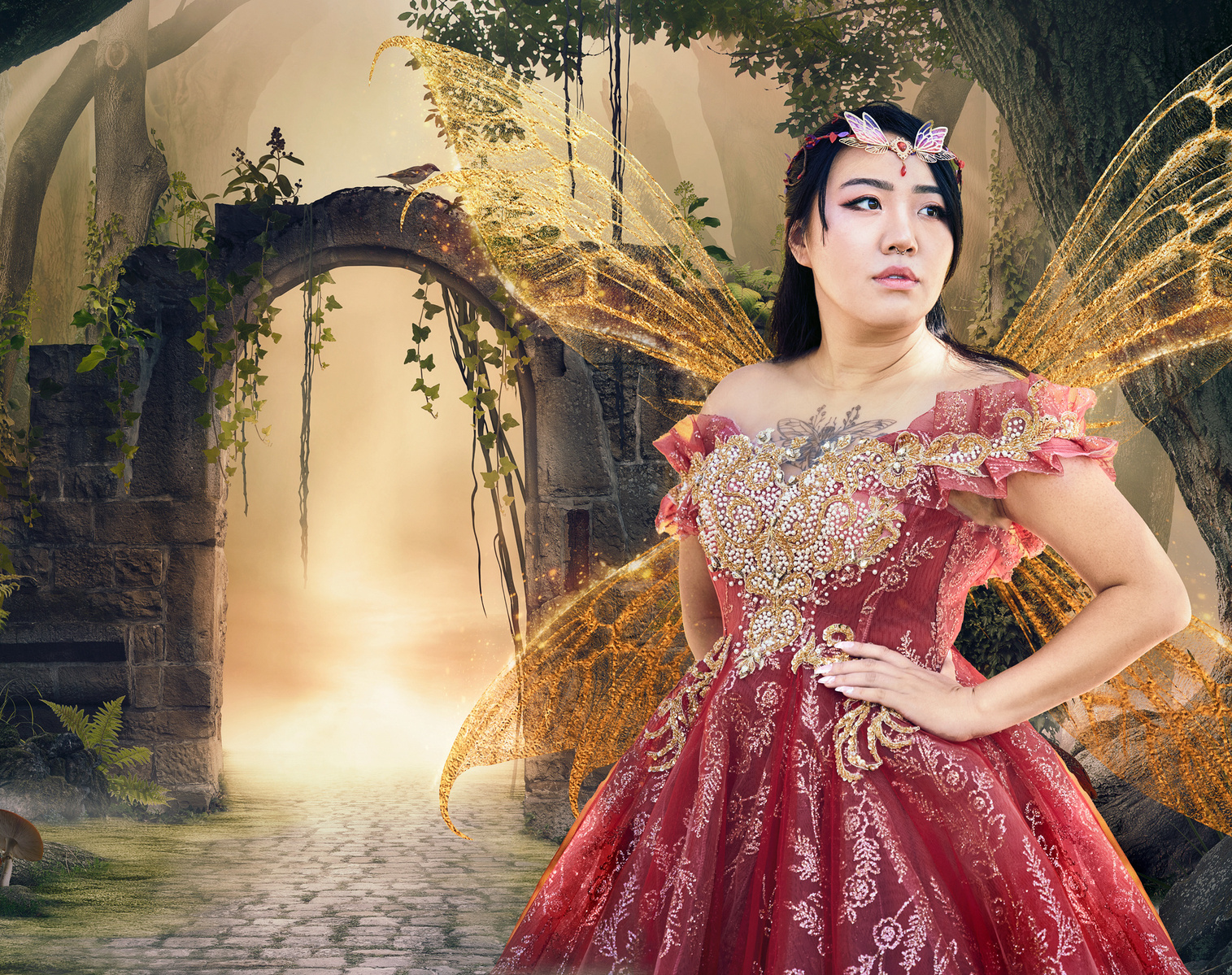 A fairy with a red and gold dress, golden wings, and a magical doorway arch in an enchanted forest.