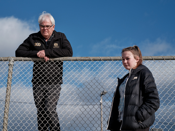 Manager of the Hobart Showgrounds, Scott Gadd with homeless girl, Hannah.
