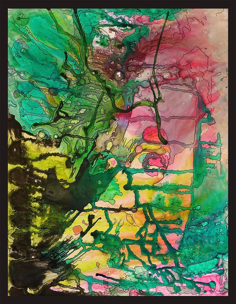 ‘Colour Forest’ is an abstract painting made with colourful inks, and pen to outline the edges of the shapes and to give some depth to the work. 

