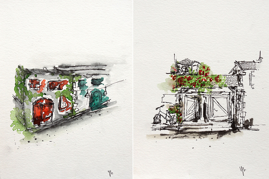 Those two paintings were made by observing two different stone houses in my city in Turkey, Alacati. The paintings are reflections of the streets and houses in Alacati. I made those paintings using watercolour and ink. 