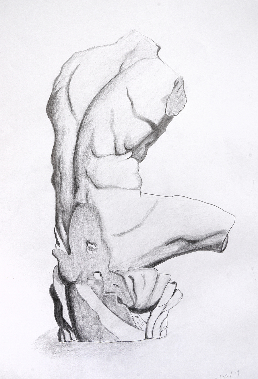 The artwork was made by looking at a stone mannequin as a still-life practice. The practice was to observe the lights and shadows. It was also a practice of drawing the human body.