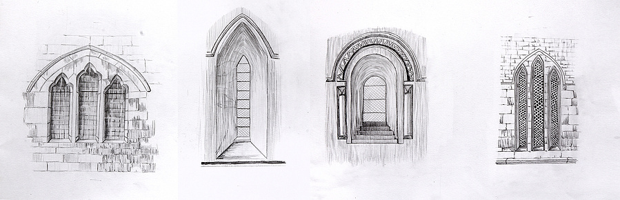 In this artwork, there are four different windows from a Church. I called these pieces ‘Holly Windows’. This artwork was made with pencils on four different papers. 
