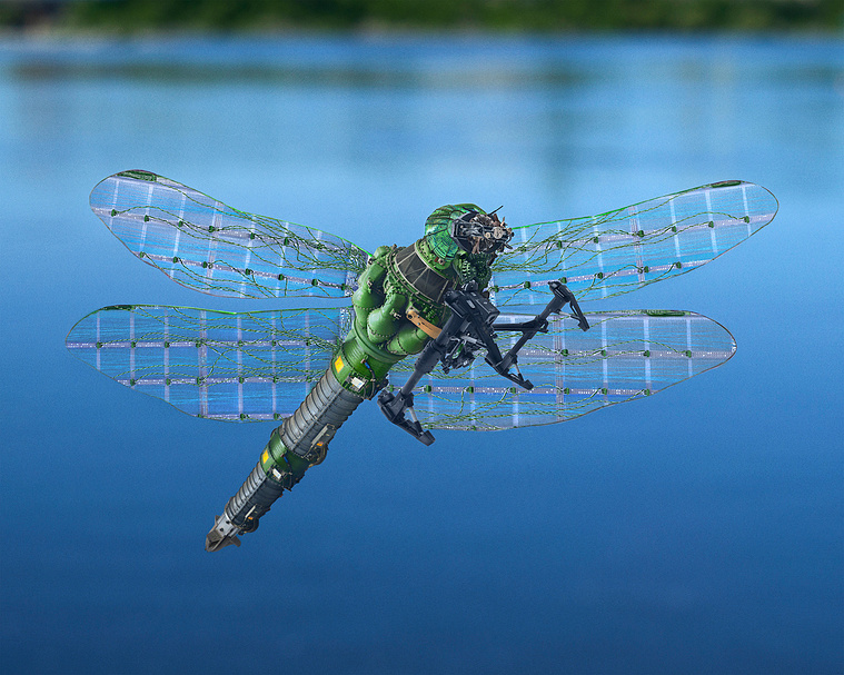 An image of a surreal flying dragonfly assembled from parts of machines on a background of aqua coloured water.