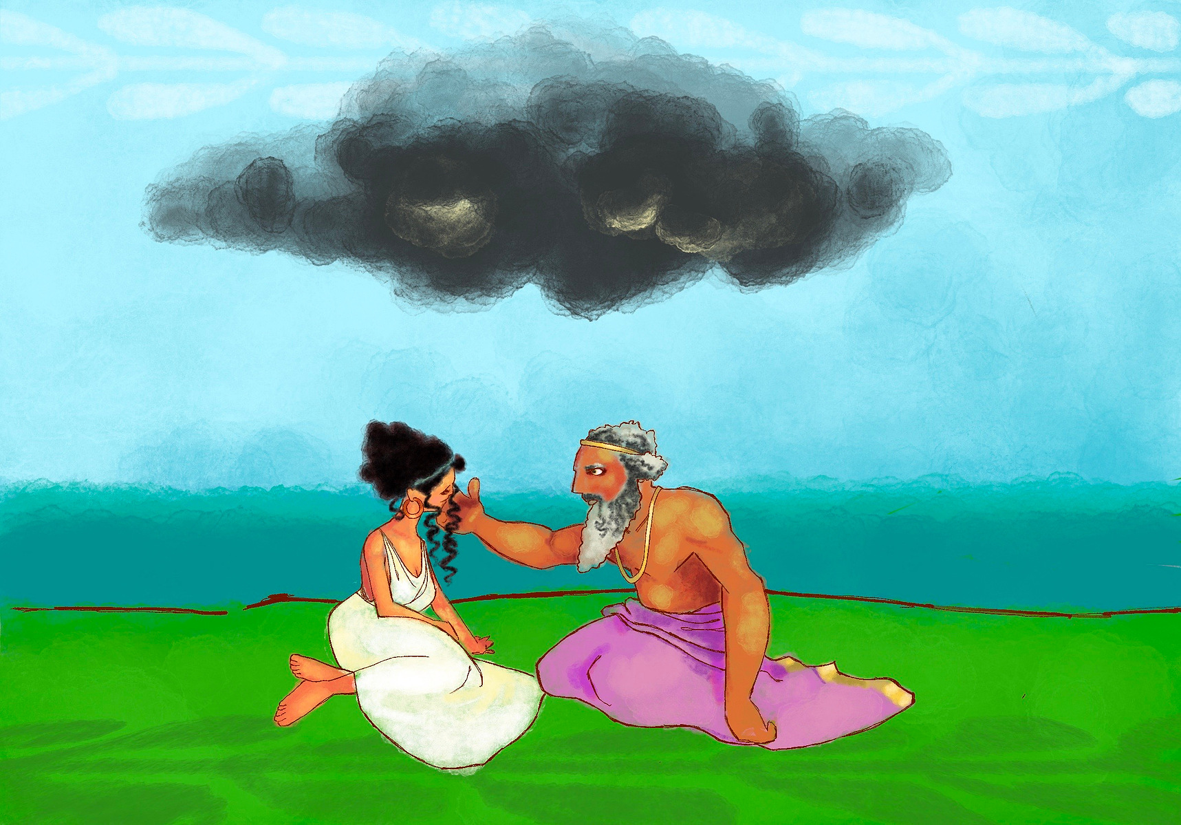 One day, Zeus the king of the gods saw a beautiful mortal named Io. He descended to Earth to pursue her and conjured a single storm cloud to hide he and the object of his affection from his wife Hera.