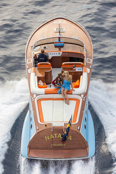 Aerial top view from helicopter of a J Craft yacht in Saint-Tropez, South of France.