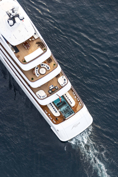Aerial view from helicopter of a motor yacht 'Faith' in Saint-Tropez, South of France.