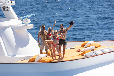 Aerial view from helicopter of a friends on a yacht in Saint-Tropez, South of France.