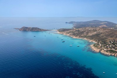 Aerial view from helicopter of a Cap Ladier, Cap Taillat and l'Escalet with turquoise water near Saint-Tropez, South of France.