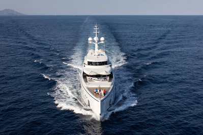 Aerial top view from helicopter of a yacht with helicopter on the deck in Saint-Tropez, South of France.