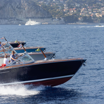 Aerial view from helicopter of J Craft  yachts aligned near Monaco.