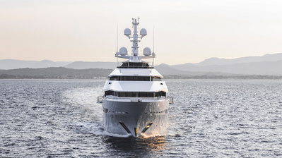 Aerial view from helicopter of 'Amore Vero' yacht in Saint-Tropez, South of France at sunset.