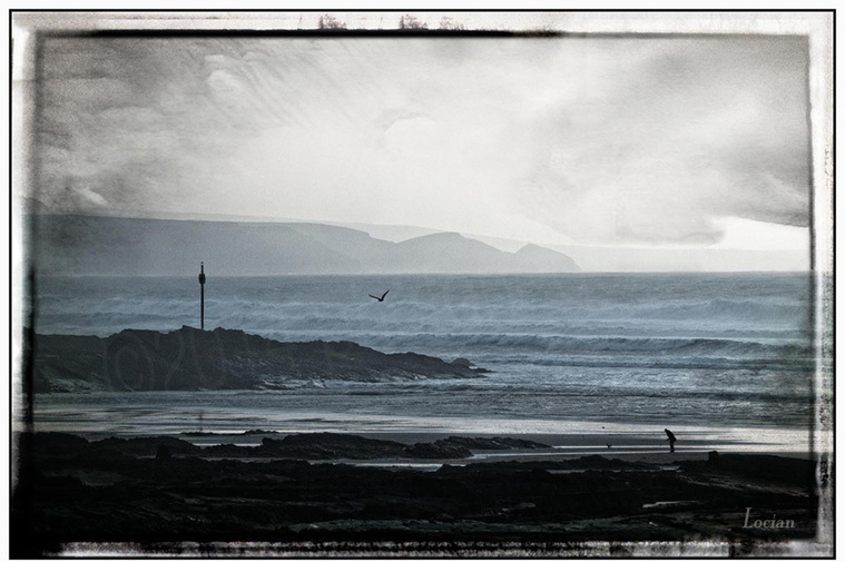 Seascape and beach-scape, Bude, Cornwall. Barrel Rock at Summerleaze Beach. Drones Bude.