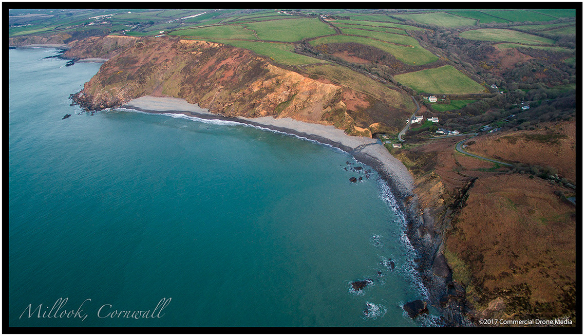 Aerial image showing Millook Beach in North Cornwall. Famous for its rock structure in the cliffs and fantastic surf when conditions are right. Survey and inspection style image taken by UAV. Cornish coast from above.
