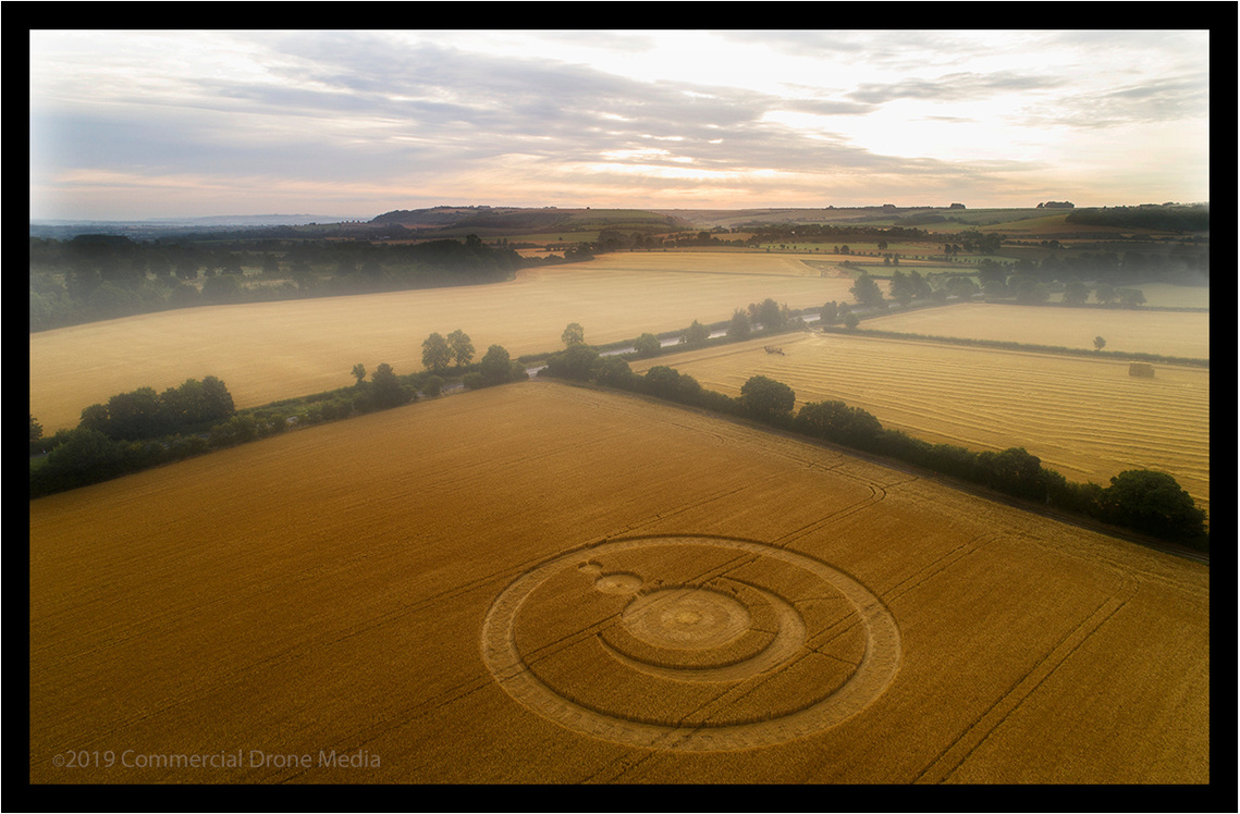 Aerial drone image of a recent crop circle captured near Warminster, UK.