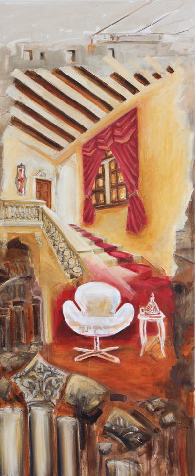 White Chair, Oil on canvas, poetic narratives, painting, contemporary landscape, conceptual painting, utopia painting, dystopia painting; juxtaposition