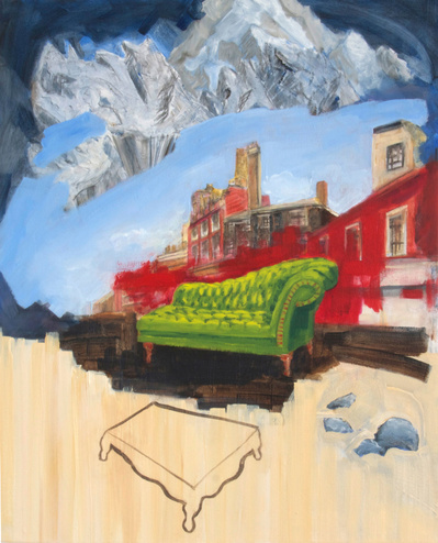 Green Chaise lounge, Oil on canvas, poetic narratives, painting, contemporary landscape, conceptual painting, utopia painting, dystopia painting; juxtaposition
