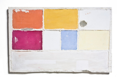 A water color architectonic wall hung relief sculpture made of cast concrete with white plaster