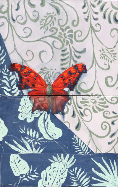 oil painting; conceptual art; realism detail; butterfly painting; narrative; painting on canvas; juxtaposition; opart; pattern
