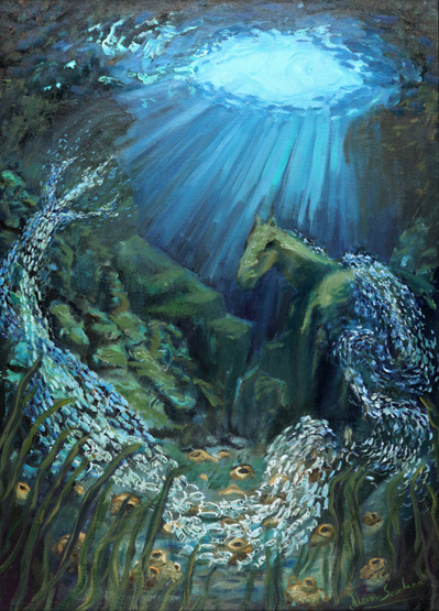 Oil in canvas, contemporary painting, conceptual seascape painting, conceptual environment painting, narrative, mythological, tales, Abu Dhabi, EFAS, Sharjah