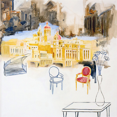 Red Chair, Oil on canvas, poetic narratives, painting, contemporary landscape, conceptual painting, utopia painting, dystopia painting; juxtaposition
