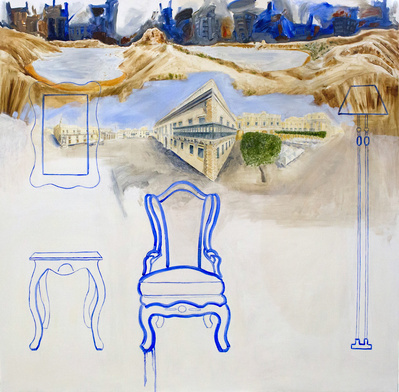 Blue Chair, Oil on canvas, poetic narratives, painting, contemporary landscape, conceptual painting, utopia painting, dystopia painting; juxtaposition
