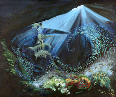Oil in canvas, contemporary painting, conceptual seascape painting, conceptual environment painting, narrative, mythological, tales, Salwa Zeidan Gallery, Abu Dhabi, EFAS, Sharjah
