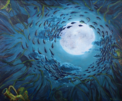 Oil in canvas, contemporary painting, conceptual seascape painting, conceptual environment painting, narrative, mythological, tales, Salwa Zeidan Gallery, Abu Dhabi, EFAS, Sharjah