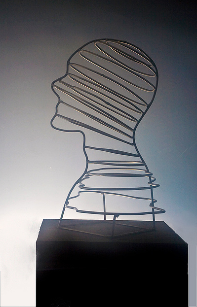 A sculpture of a full scale man's bust made of stainless steel rods.