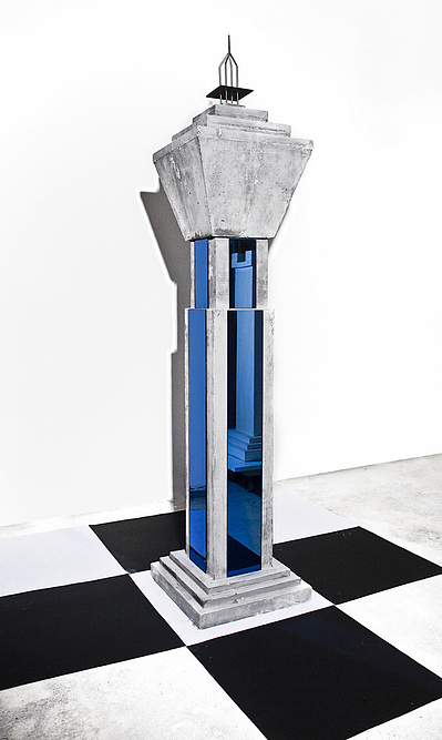 Over sized chess piece, the King is part of an installation made of building construction materials - reinforced concrete, mirror, stainless steel