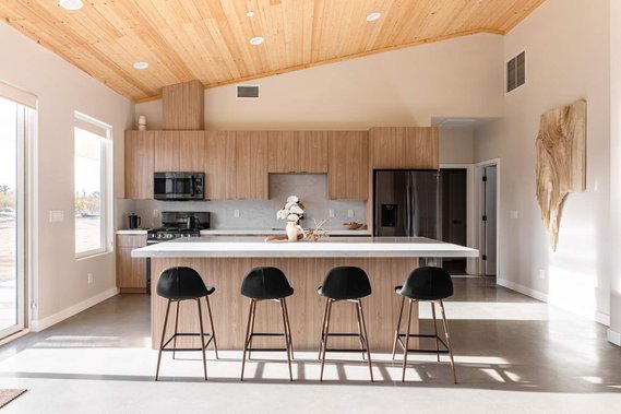 Lazy Sunday House Kitchen Island bar stools tongue and groove ceiling