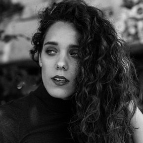 Black and white portrait of Swiss Italian performing artist and actress Anima May, Berlin