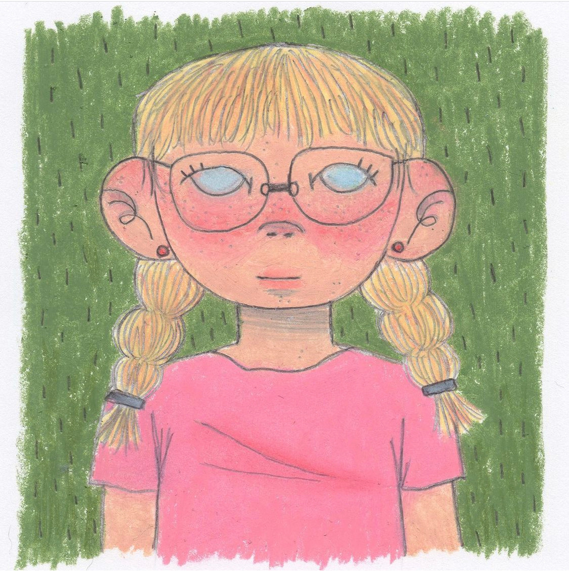 A pastel and graphite drawing of a girl against o grass background.